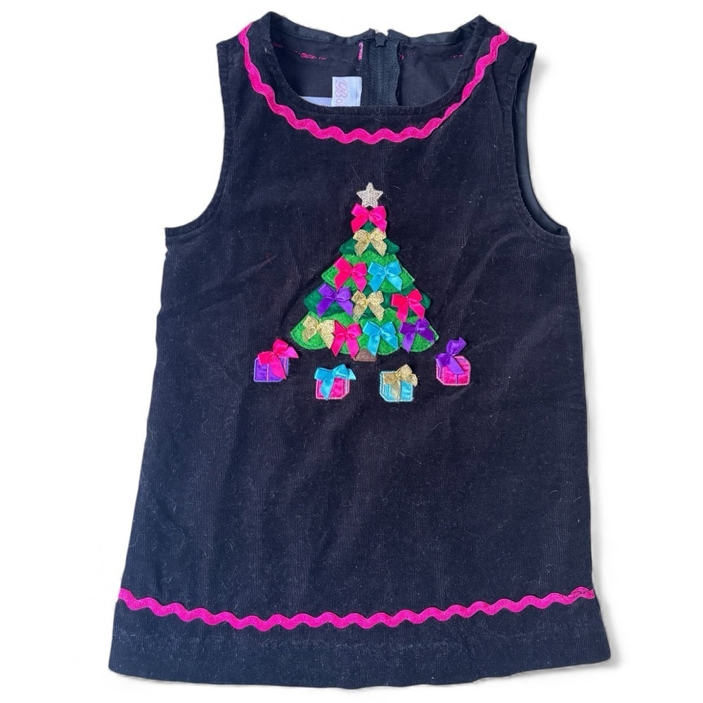 Bonnie Baby Christmas Corduroy Dress Black Tree Ribbon Bows Bright Holiday 12M